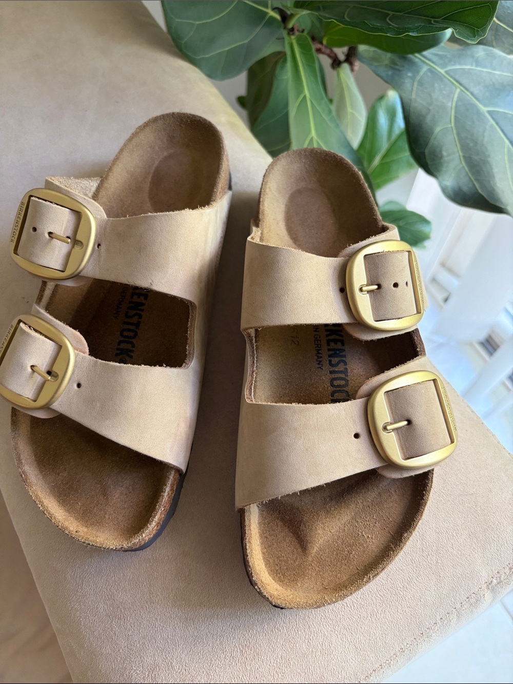Birkenstock Two-Strap Sandal in Light Beige with Gold Buckles new!